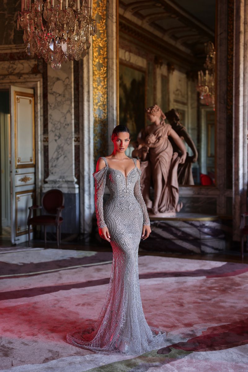 Chic & Holland HF110634 Cold Shoulder Plunging V Neck Baroque Linear Beaded Sheath Couture Dress ULTRA SILVER / 14