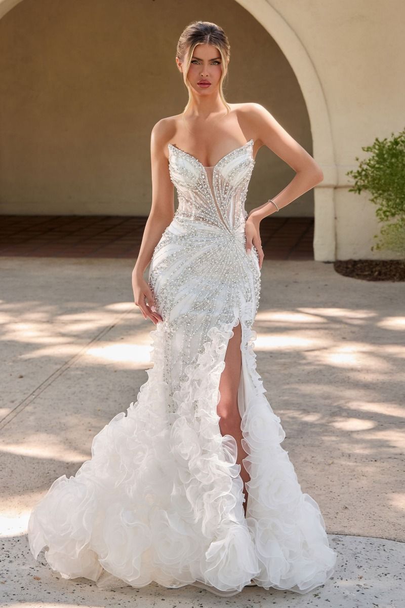 strapless corset mermaid wedding dress Strapless Ruched Satin Mermaid Wedding Dress with Corset in White, White / 12