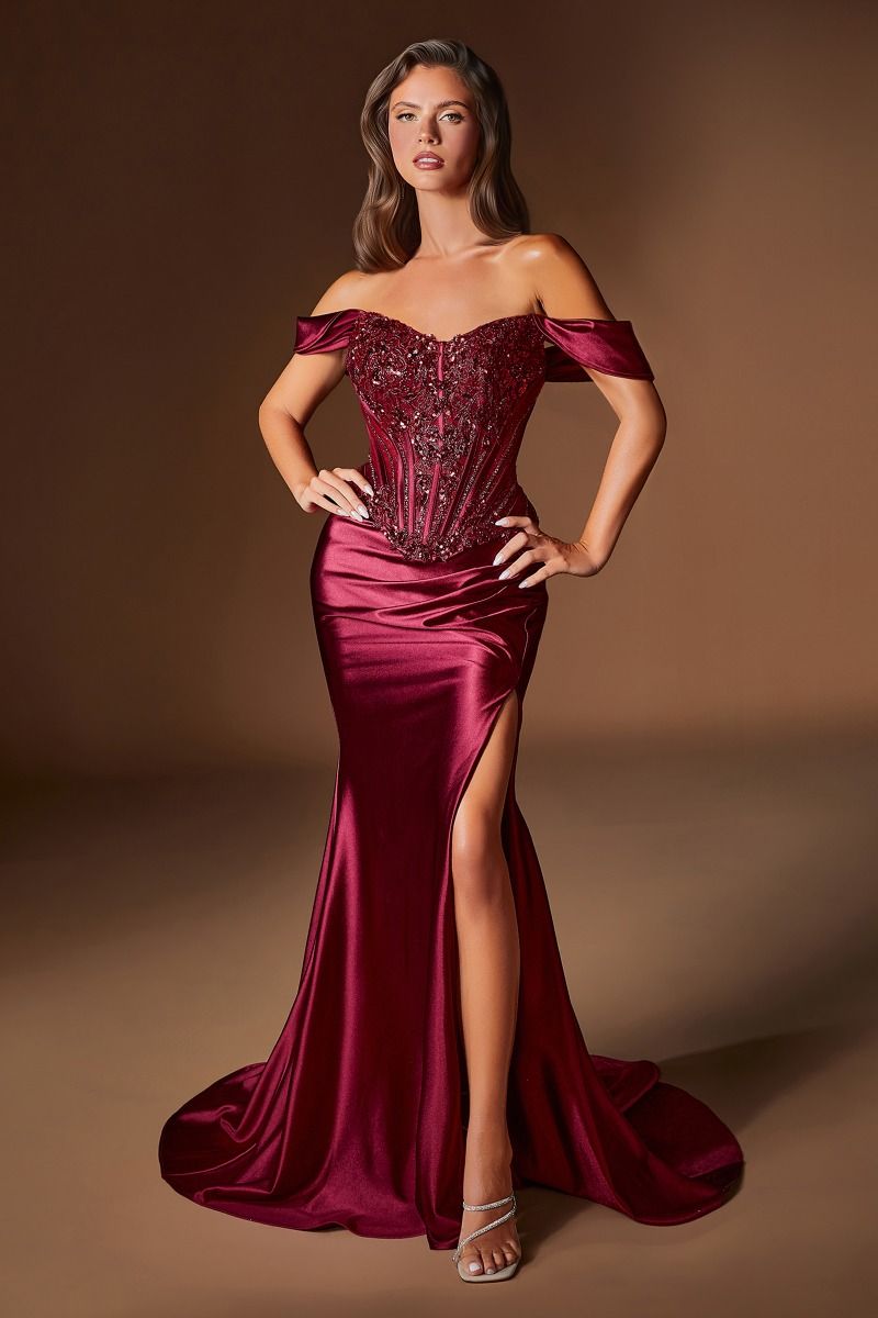 Ladivine CD656 Off Shoulder Corset High Slit Prom 2026 Dress BURGUNDY / 8