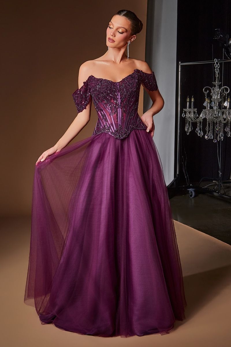 Ladivine CD657 Embellished Corset Evening Dress EGGPLANT / 14