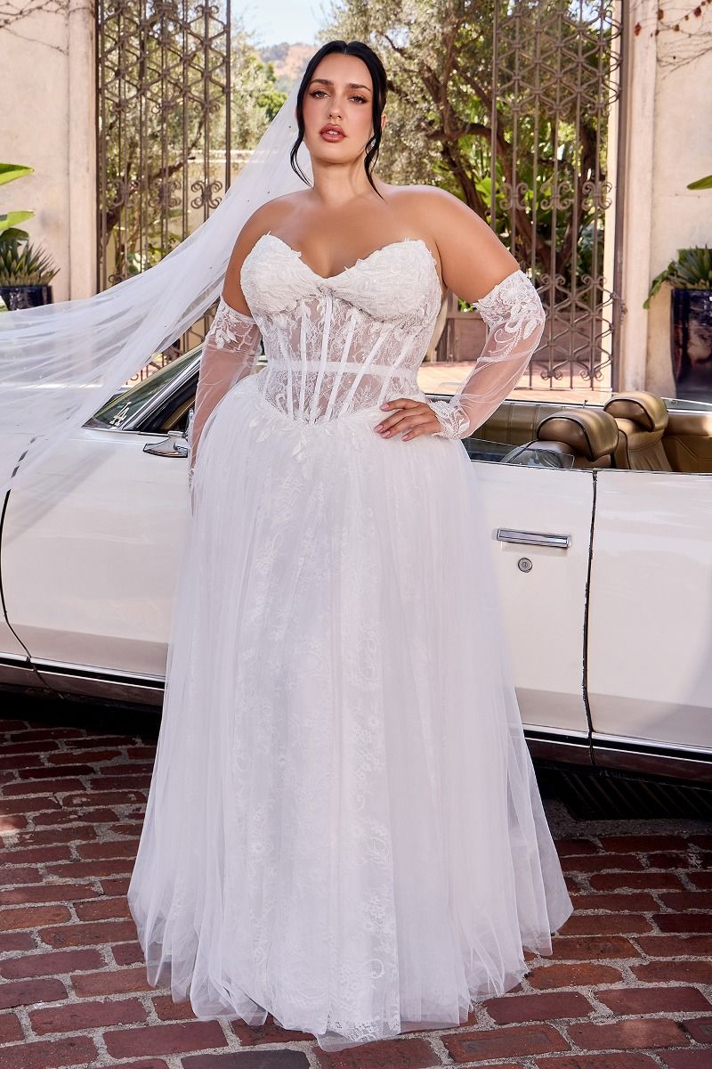 Ladivine CD717W Strapless Sweetheart Corset Ball Gown Dress with Detachable Illusion Sleeves Bridal Dress OFF White / 14