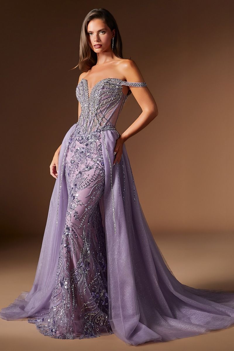 Ladivine CDS570 Crystal Beaded Off-Shoulder Prom 2026 Dress, ENGLISH VIOLET / 14