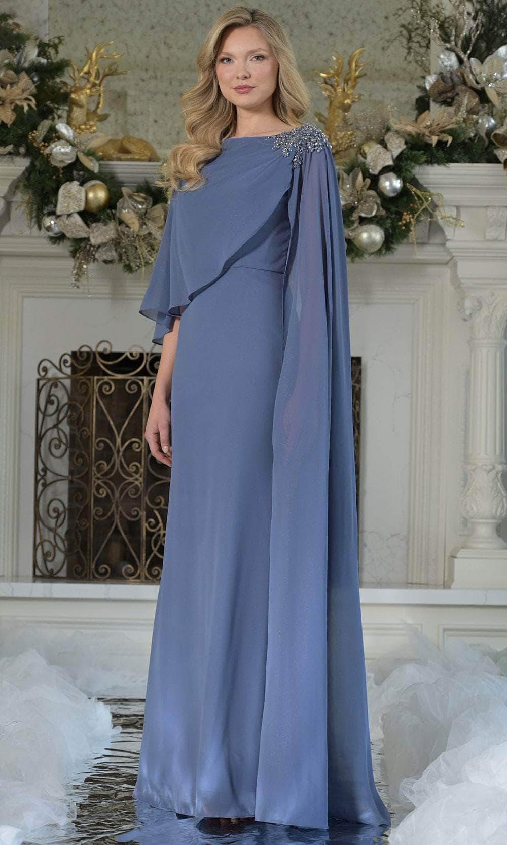 Marsoni by Colors MV1362 Bateau Neckline, Cape Sleeves, and Asymmetrical Overlay Mother of the Bride Dress | FOSTANI Marsoni by Colors MV1362 Bateau Neckline, Cape Sleeves, and Asymmetrical Overlay Mother of the Bride Dress | FOSTANI