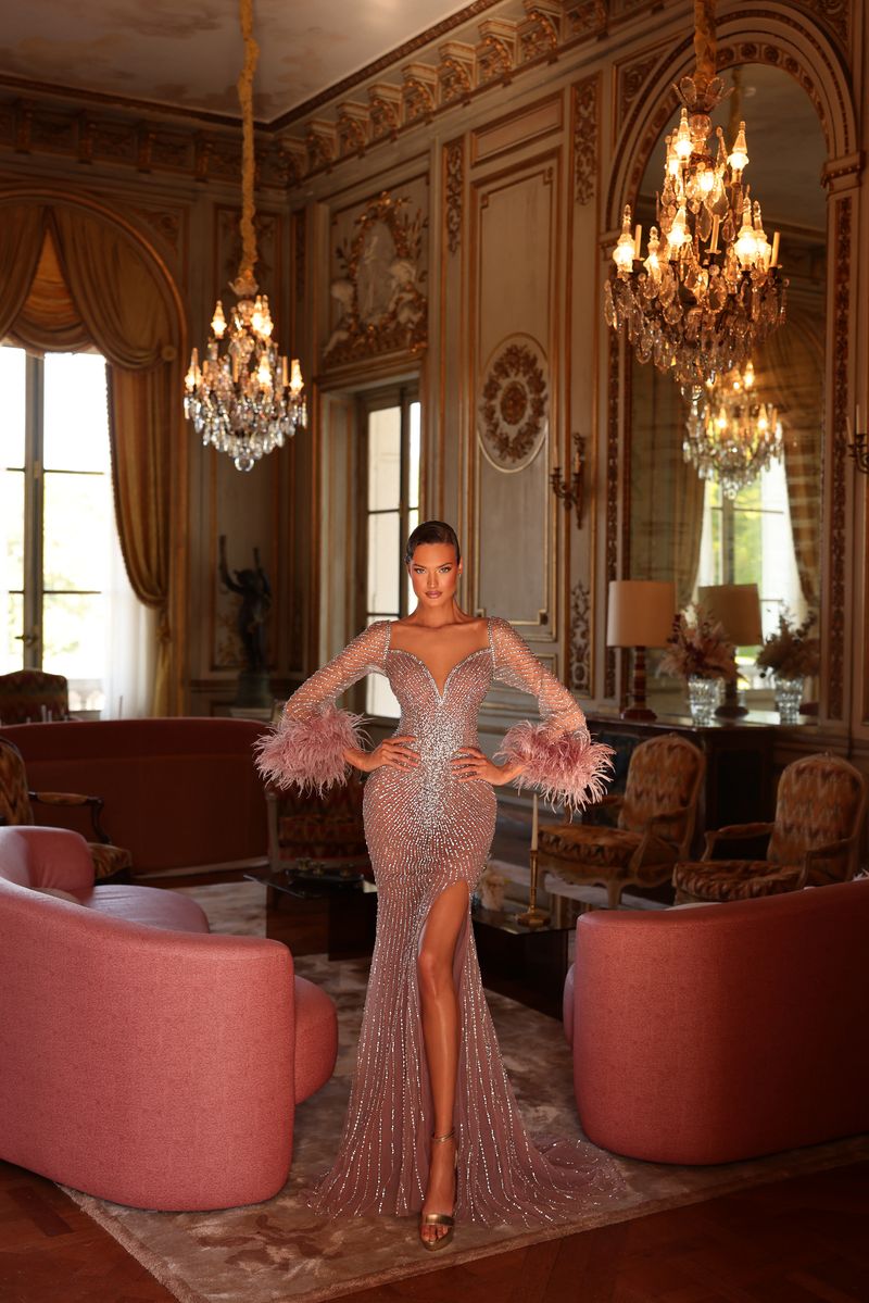 long sleeve dress with high slits Chic & Holland HF110632 Plunging V Neck Sleeves Feather Cuffs Beaded Slit Couture DUSTY LAVENDER / 16 Authentic 60s Dresses Chic colorgrp-31553 Full Length Sleeve Style Size:XS | Natural