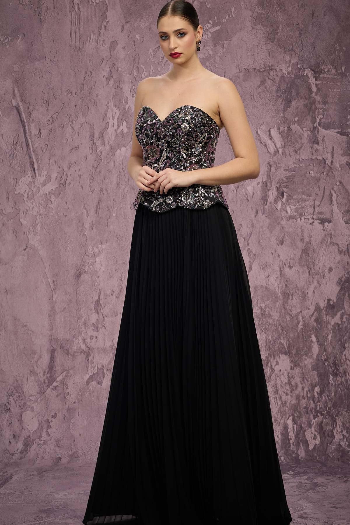 MNM Couture Q7778 Beaded Corset Chiffon Dress Black / 18