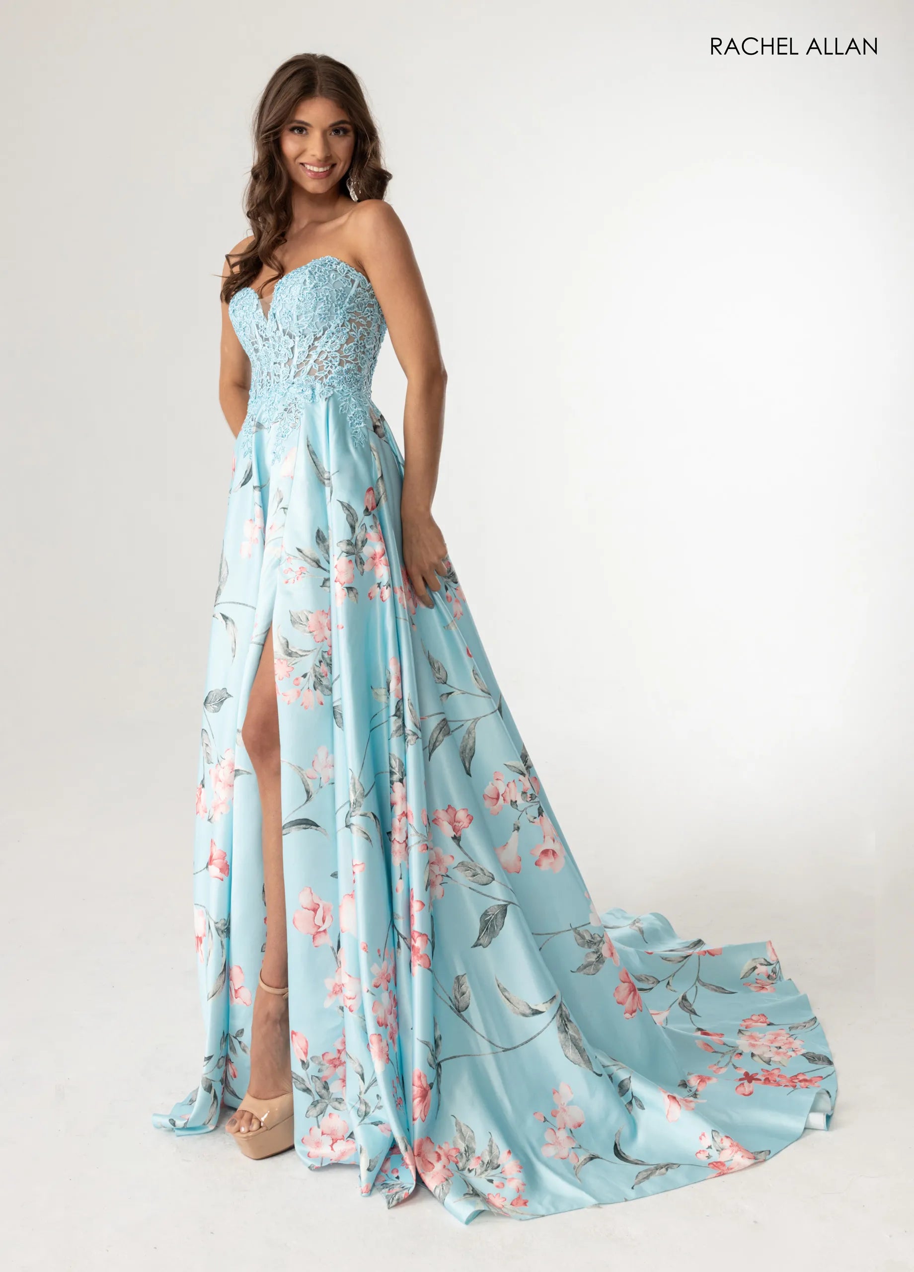 strapless open back dress Rachel Allan 71031 Floral Satin Prom Dress 2026