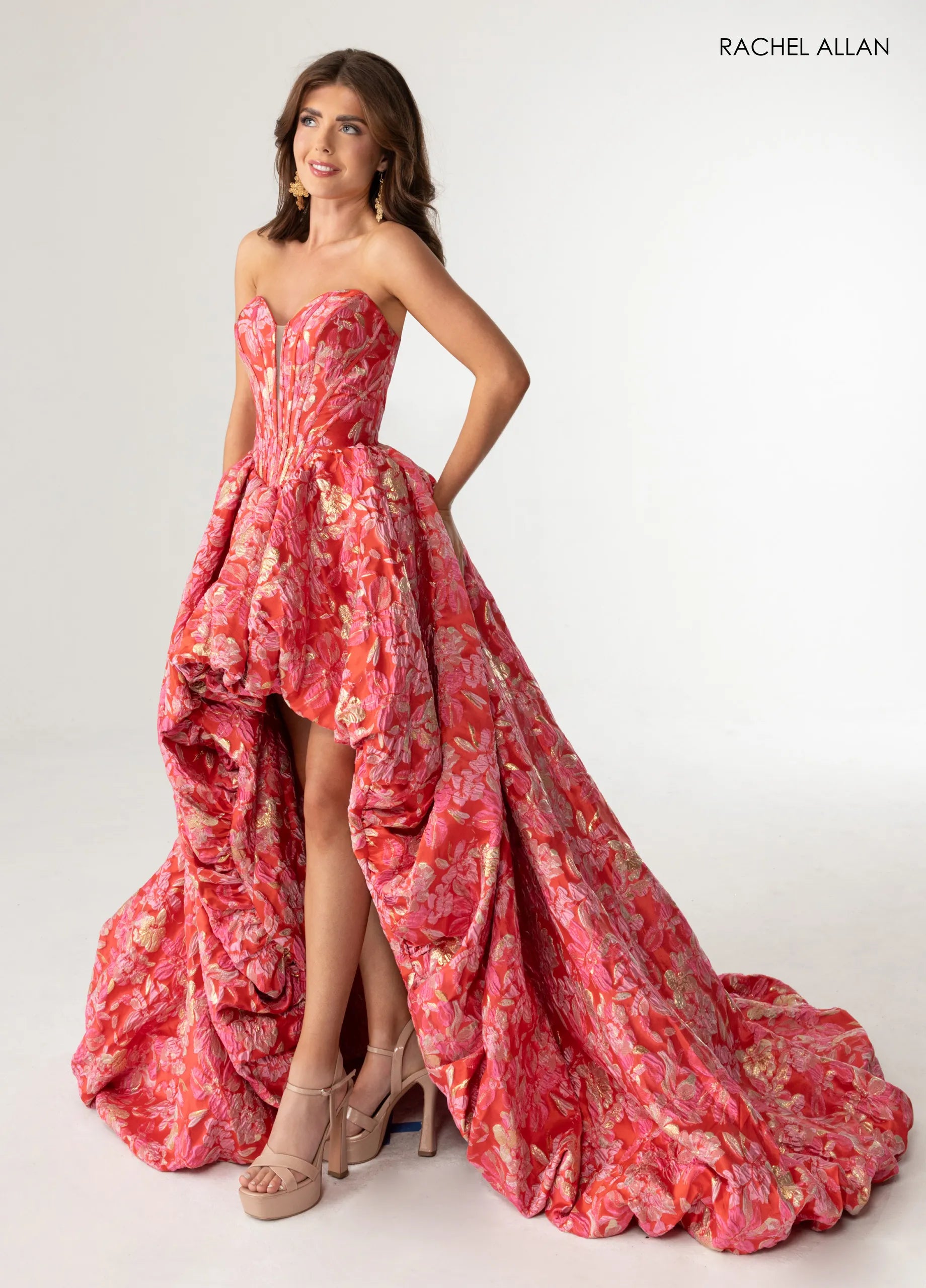Rachel Allan 70928 High-Low Jacquard Prom Dress 2026 CORAL MULTI / 6 Rachel Allan 70928 High-Low Jacquard Prom Dress 2026 CORAL MULTI / 6