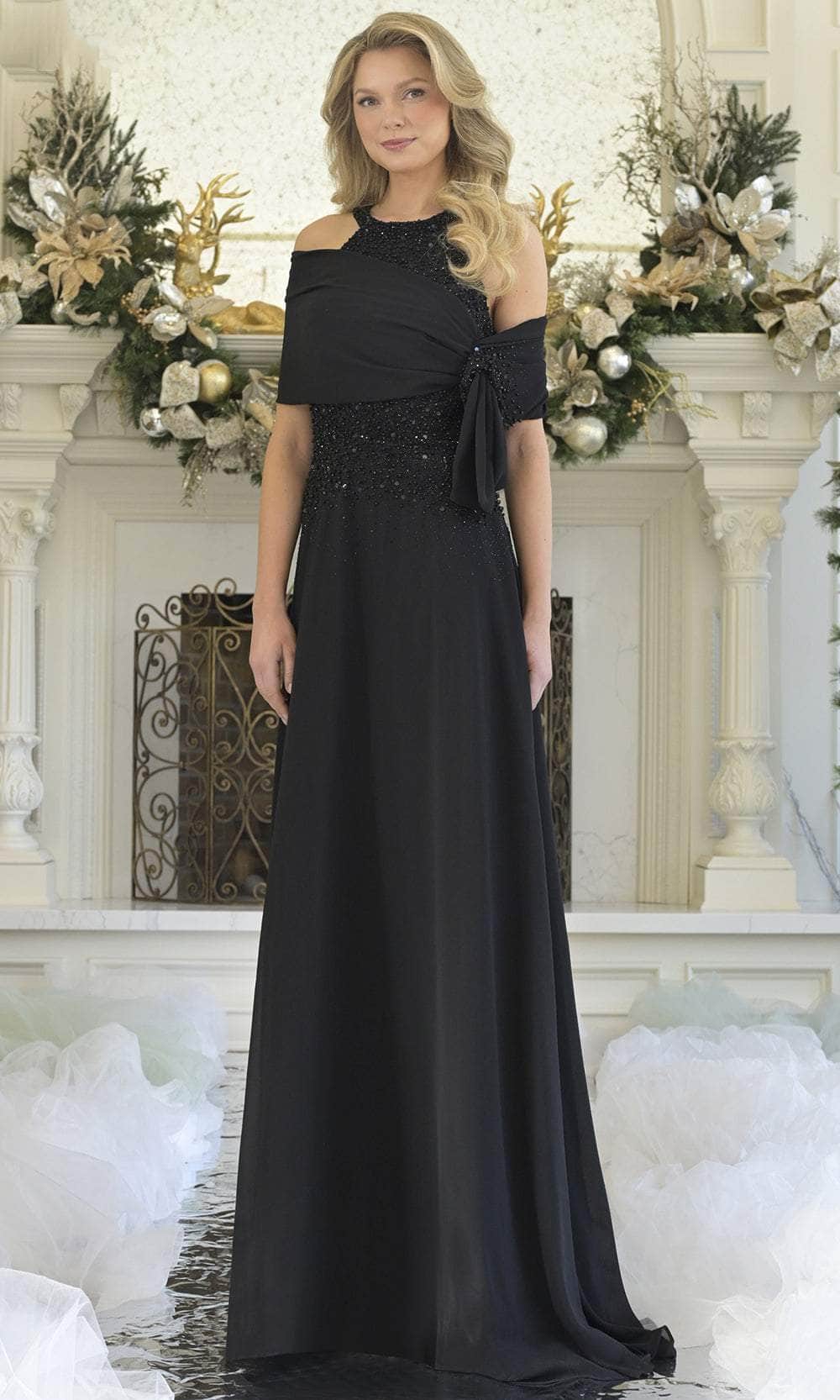 halter mother of the bride dresses Rina Di Montella RD3304 Beaded Halter Sleeveless Embroidered Bodice Mother of the Bride Dress Black / 8
