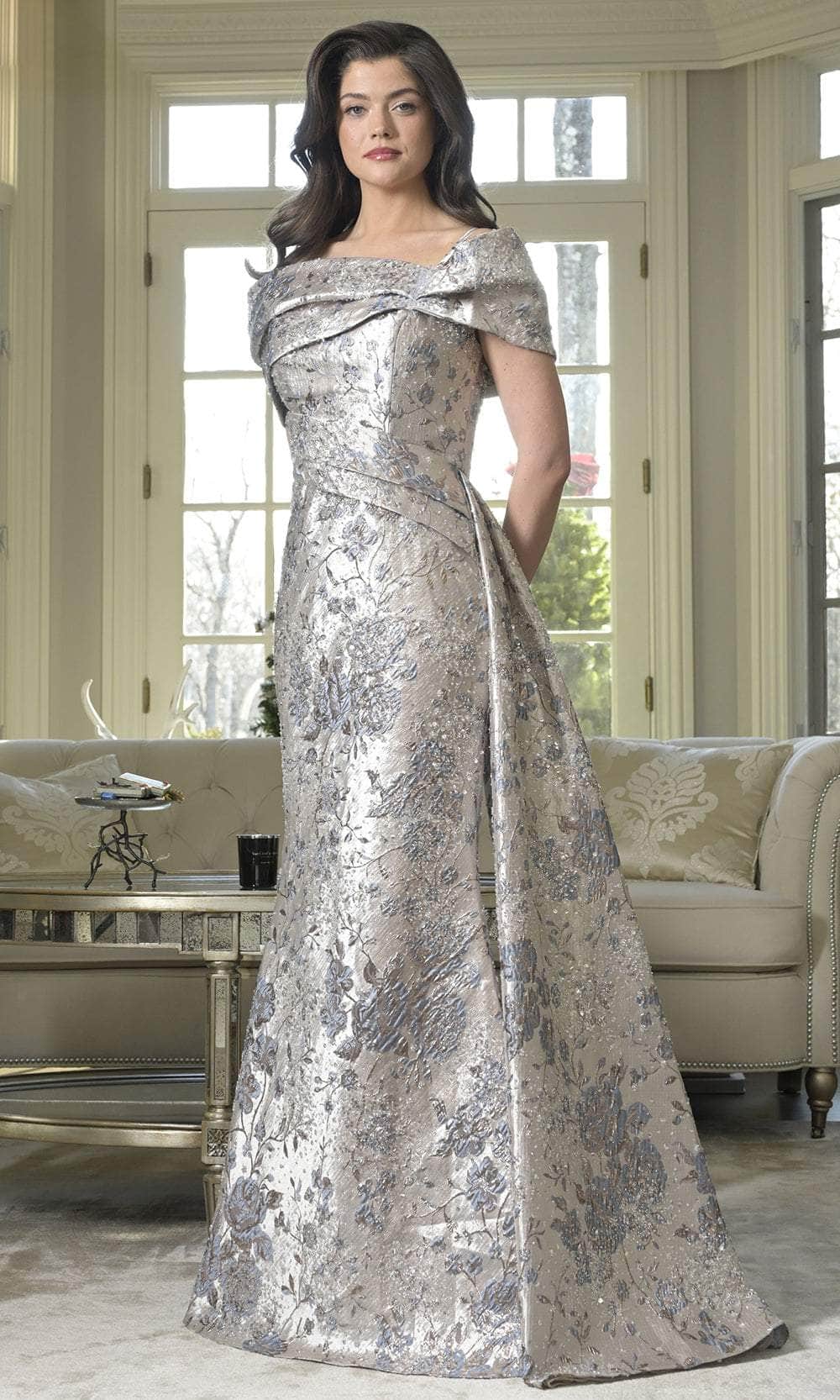 Rina Di Montella RD3306 Off-the-Shoulder Cap Sleeves Sheath Mother of the Bride Dress Blue Multi / 10