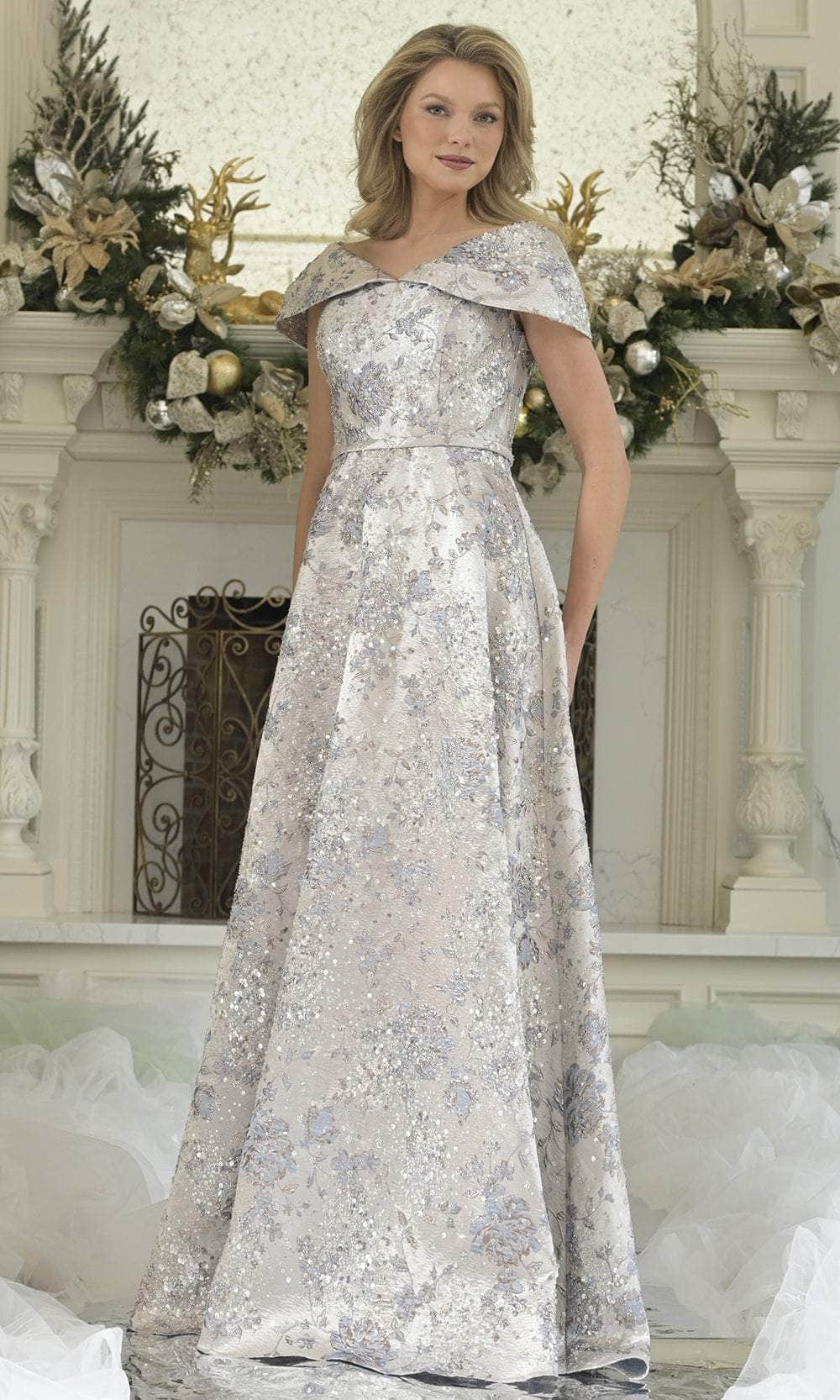 Rina Di Montella RD3312 V-Neckline Off-the-Shoulder Cap Sleeves Jacquard Mother of the Bride Dress Blue Multi / 16