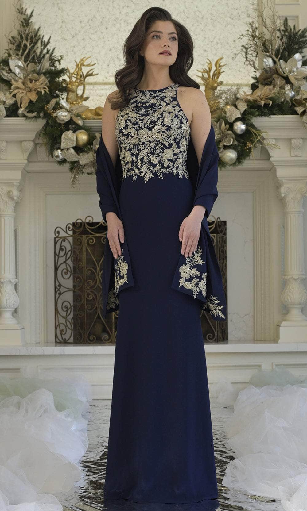 navy blue and gold mother of the bride dresses Rina Di Montella RD3345 Halter Sleeveless Sheath Mother of the Bride Dress, Navy Gold / 16