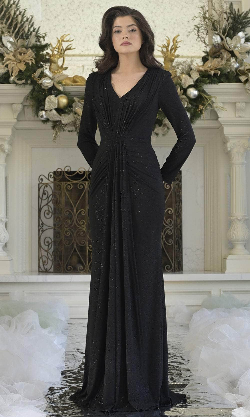 Rina Di Montella RD3348 V-Neck Full-Length Sleeve Ruched Bodice Mother of the Bride Dress Black / 6 Rina Di Montella RD3348 V-Neck Full-Length Sleeve Ruched Bodice Mother of the Bride Dress Black / 6