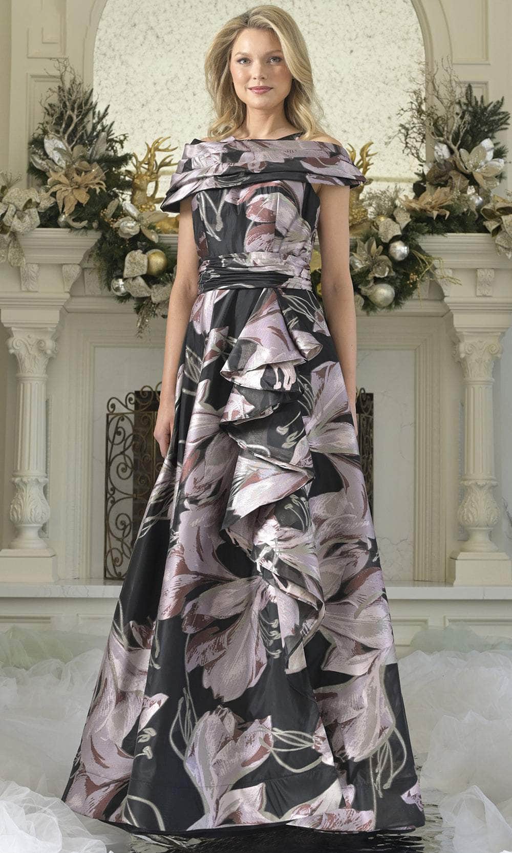 Rina Di Montella RD3361 Halter Off-the-Shoulder Ruched Mother of the Bride Dress Pink Multi / 10 Rina Di Montella RD3361 Halter Off-the-Shoulder Ruched Mother of the Bride Dress Pink Multi / 10