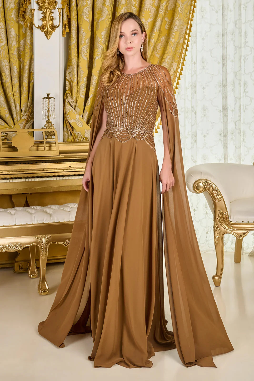 brown mother of the bride dress GLS by Gloria GL3785 Scoop Neck Cape Sleeves Chiffon Has Image Brown — warm Color:Brick A-Line Dresses for Women