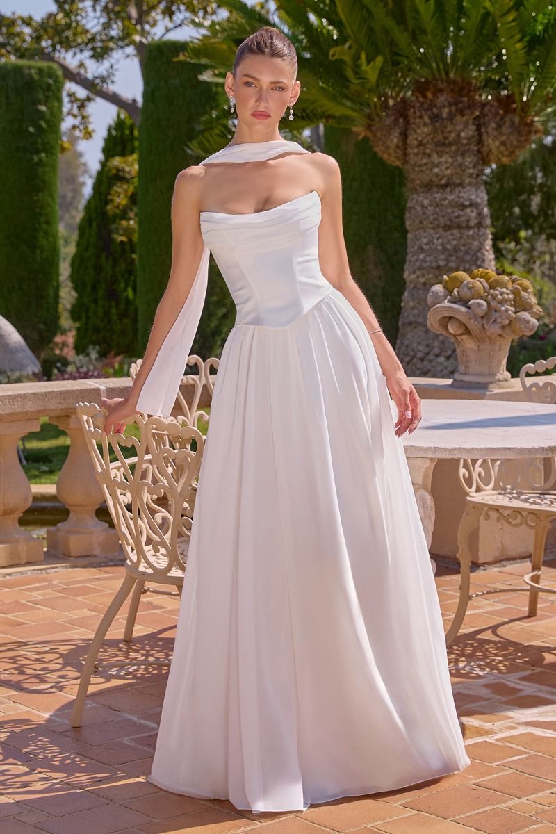 Amoris T741W Strapless A-Line Bridal Dress with Neck Scarf and Lace-Up Back OFF White / XS