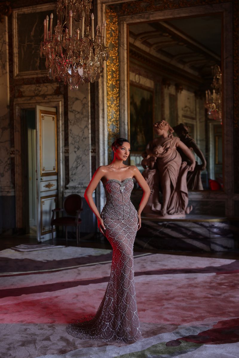 Chic & Holland HF110656 Pearl Beaded Couture Dress DUSTY ROSE / 6