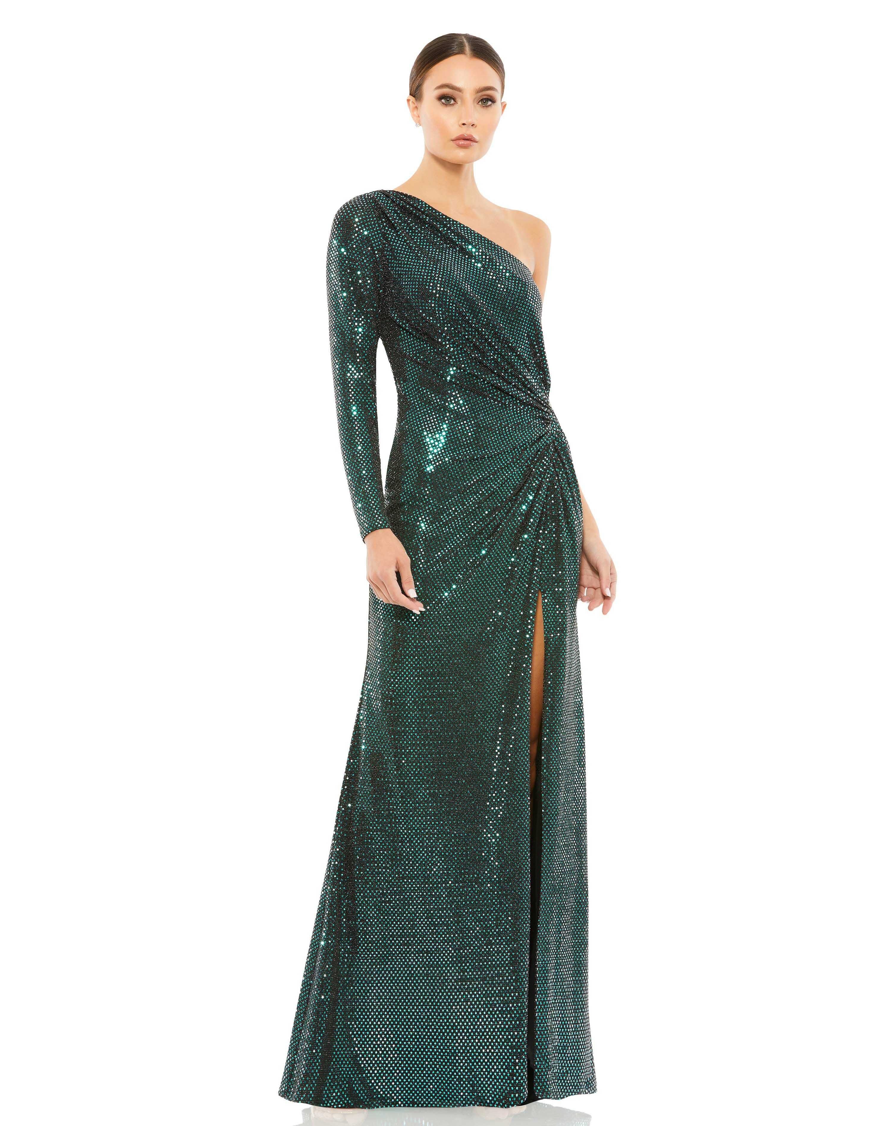 Mac Duggal Sequin One-Sleeve Draped Gown - Bottle Green - 0 Mac Duggal Sequin One-Sleeve Draped Gown - Bottle Green - 0