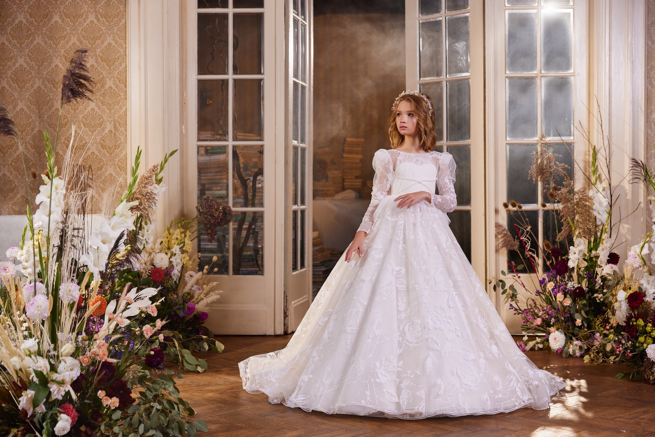 wedding long dress 2018 kids Pentelei 3412 Illusion Scoop Neckline Sleeves Ball Gown White / 28 (4 YEARS) NIW Bootcut Trousers for Maternity, line skirt cascades beautifully Color:White&Nude