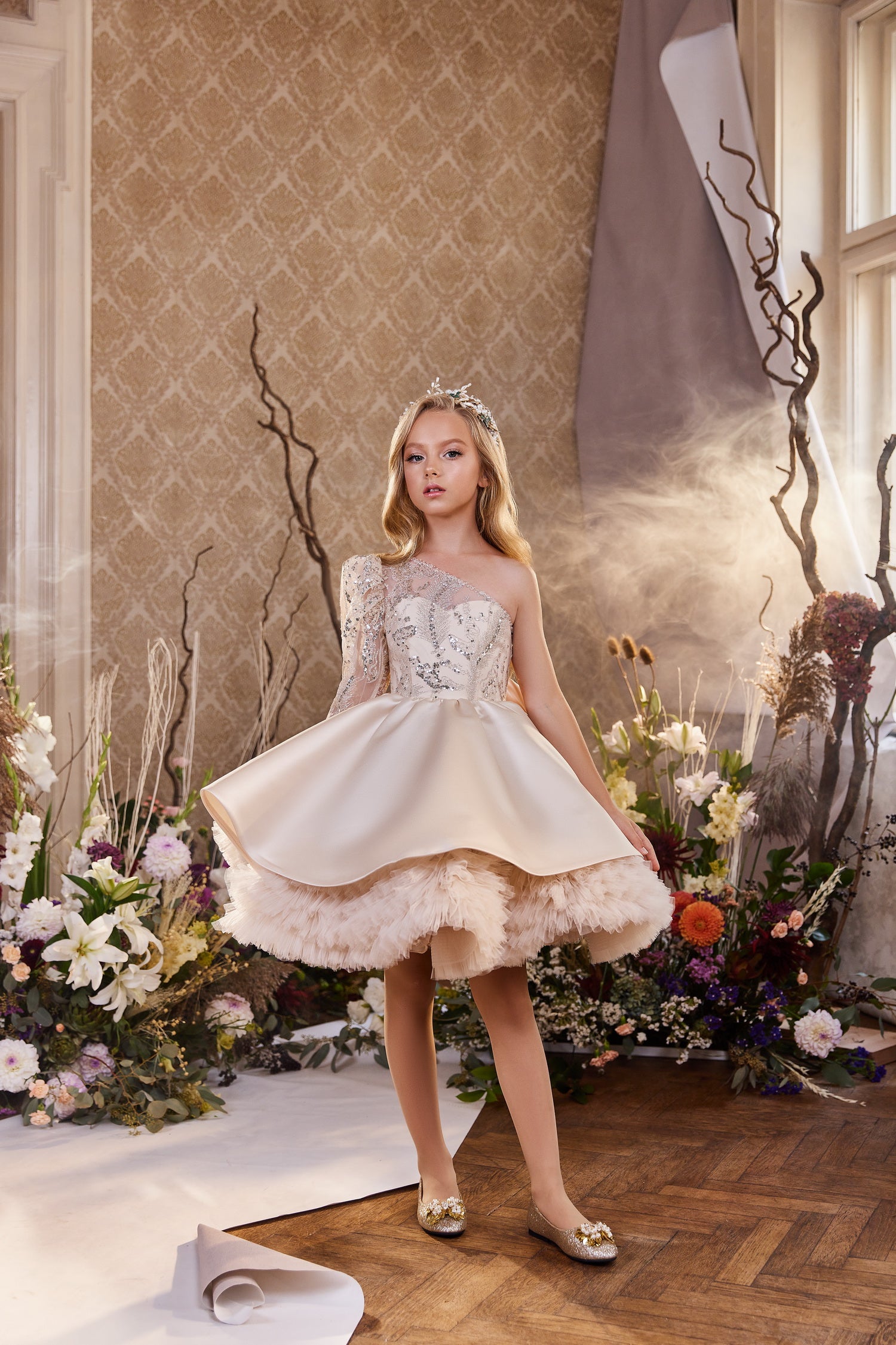 Pentelei 3419 One Shoulder Long Sleeve Ruffled Ball Gown Kids