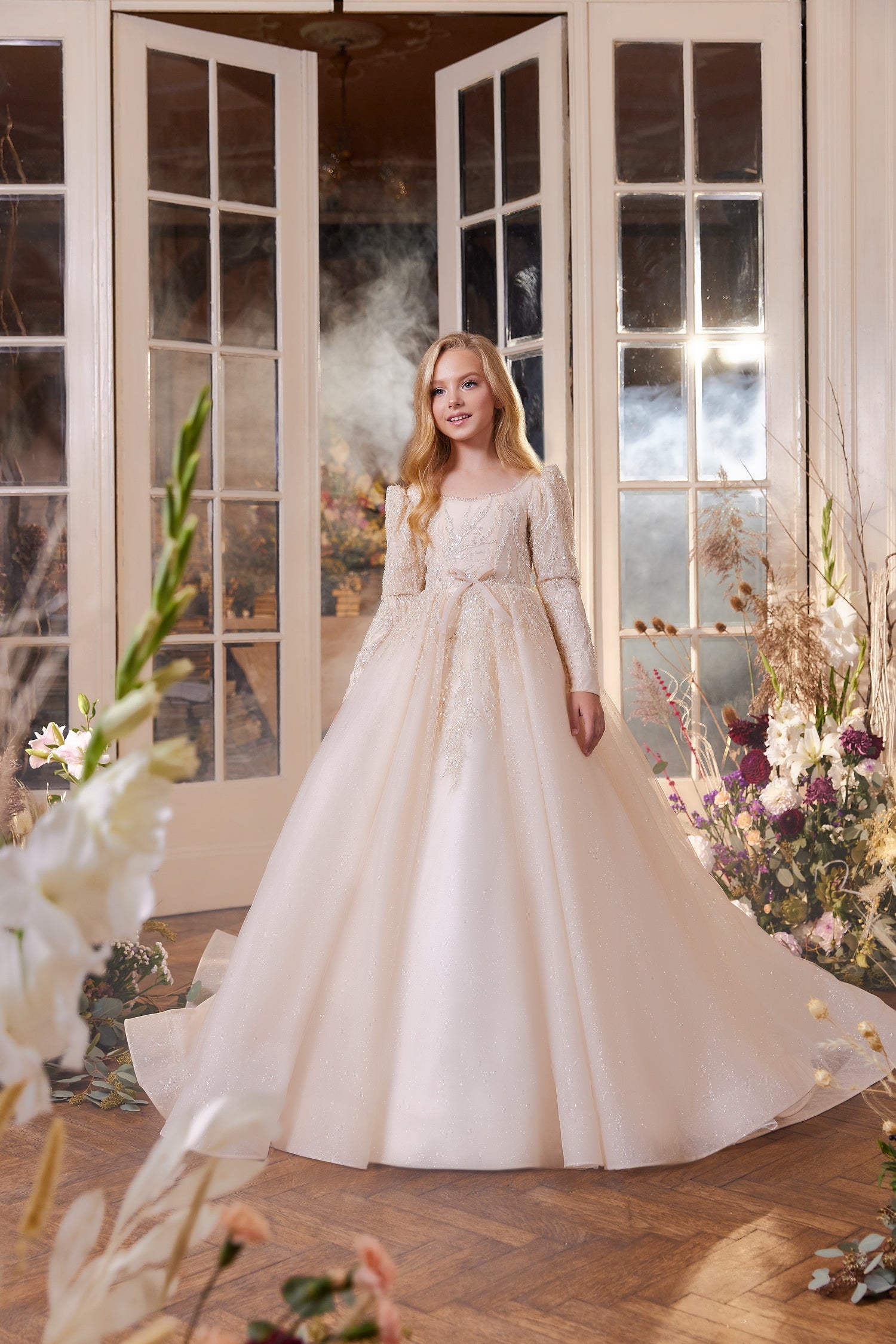 Long Sleeves Flower Girl First Communion Gown Celestial 3424 7-8 Years / Ivory