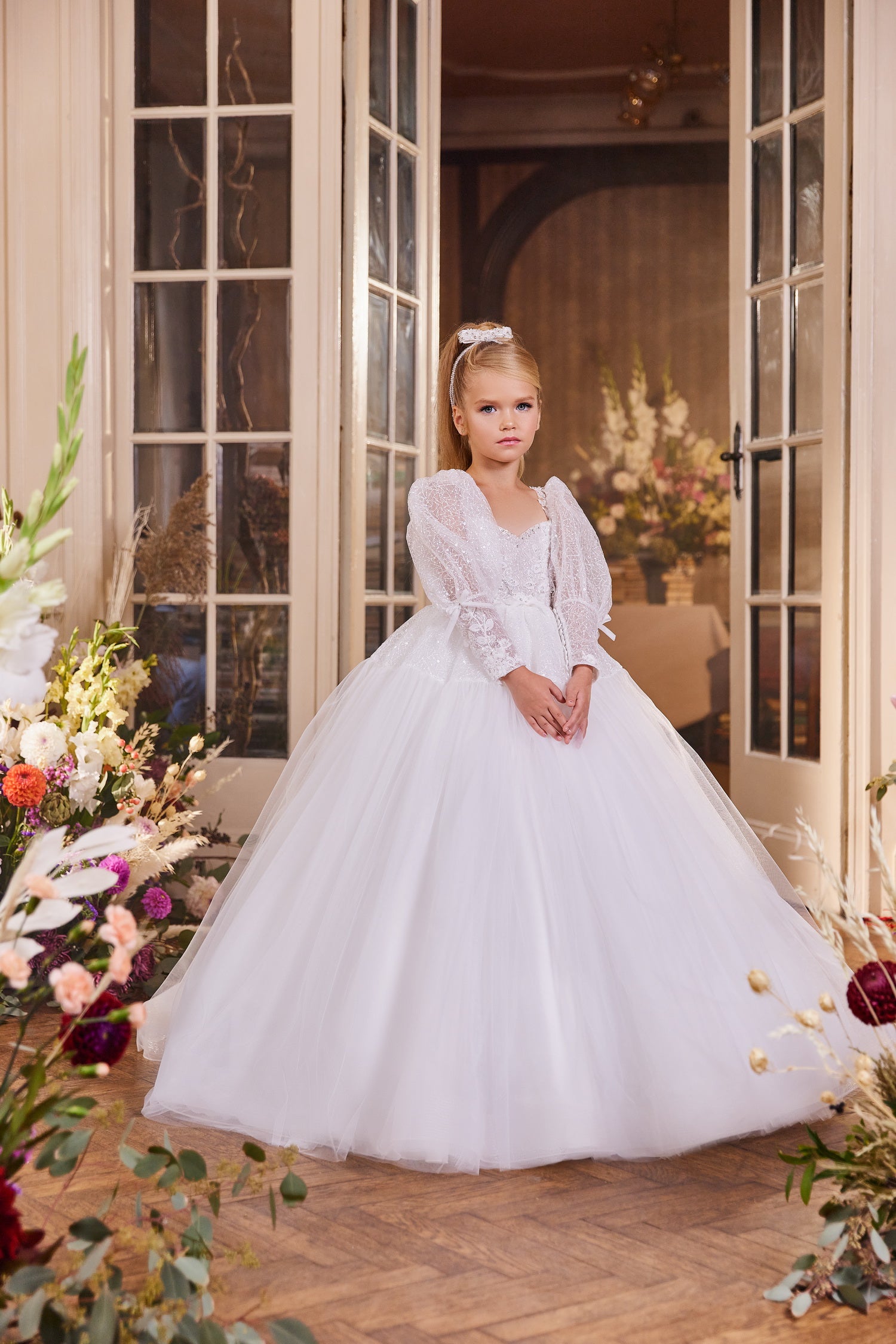 Pentelei 3433 Sweetheart Neckline Puff Sleeves Corset Lace Up Kids Dress