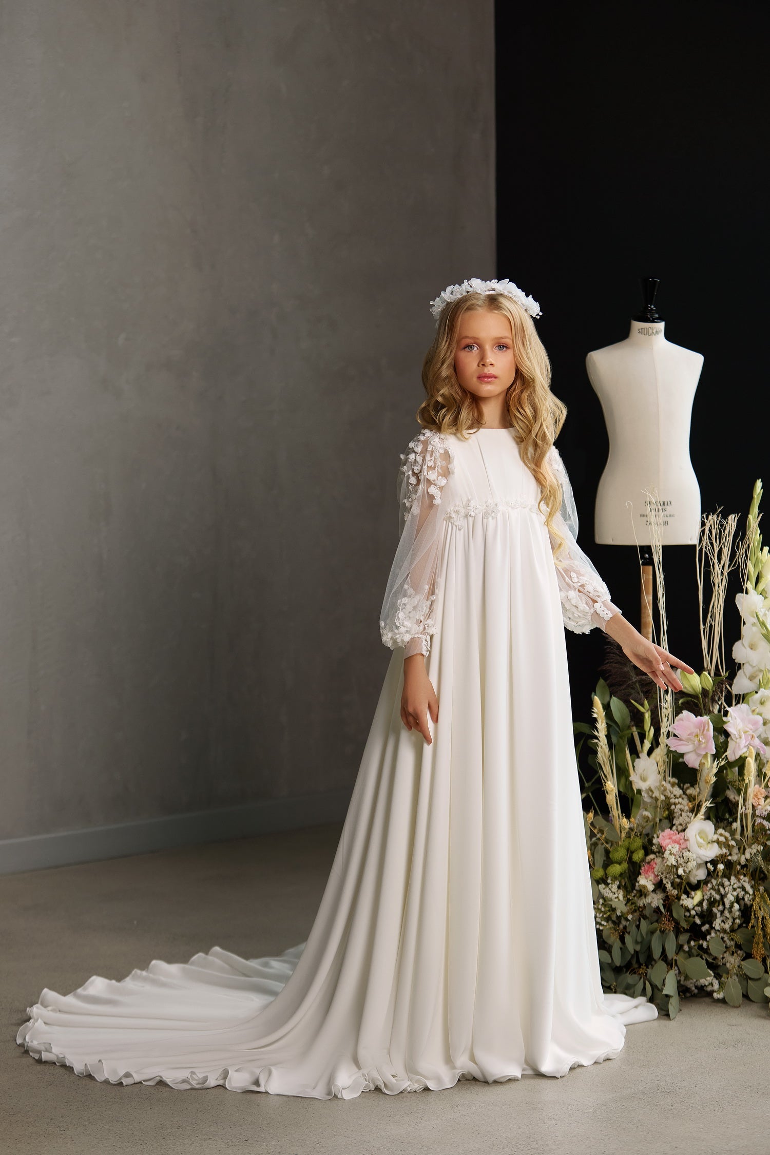empire waist first communion dress Pentelei 3517 Round High Jewel Neckline Long Sleeve Empire Waist Kids Dress White / 26 (2-3 YEARS)