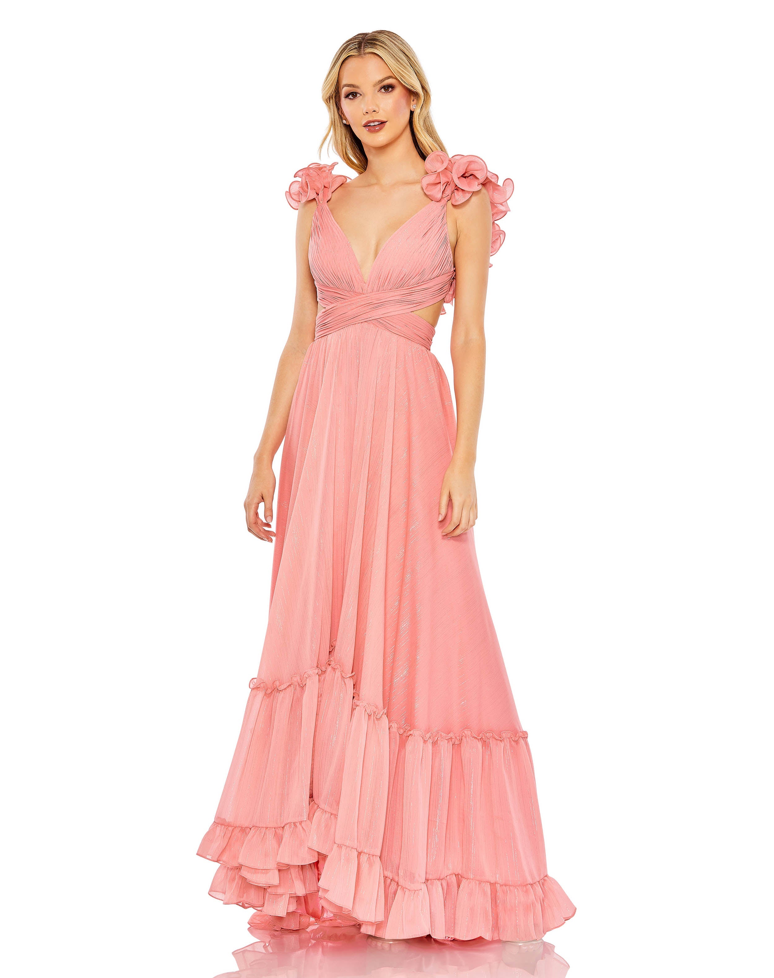 Mac Duggal - Pink Ruffle Sleeve V Neck A Line Gown - Coral / US 2 Mac Duggal - Pink Ruffle Sleeve V Neck A Line Gown - Coral / US 2