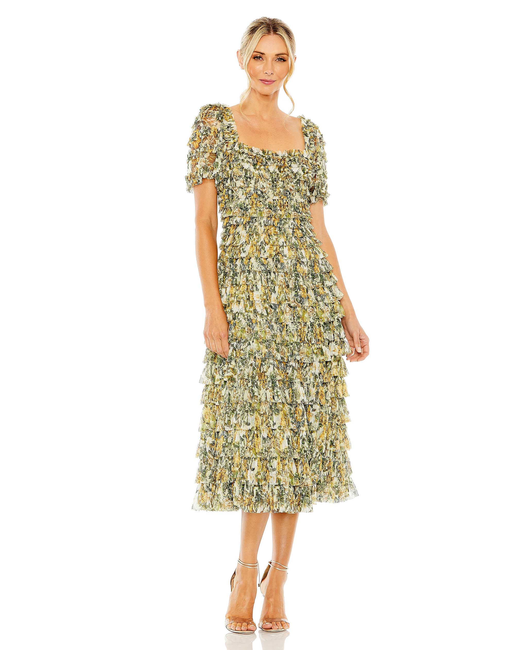 Floral Print Chiffon Puff Sleeve Tiered Hem Dress – Mac Duggal