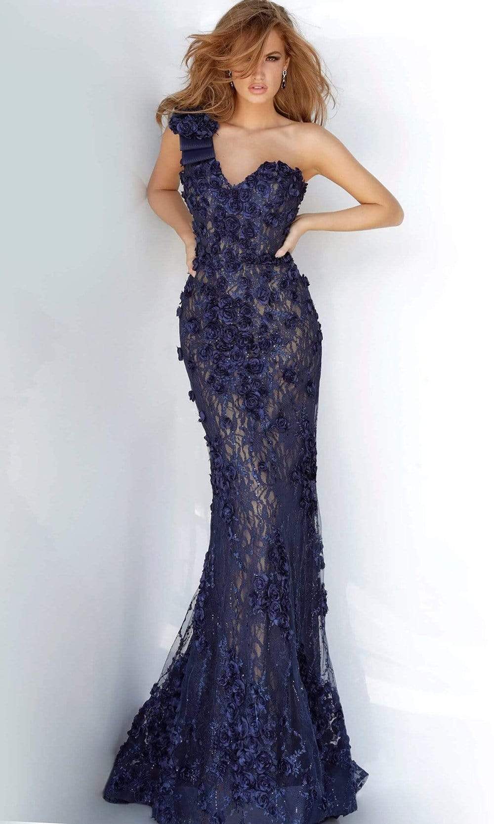 Jovani 3375 - One-Shoulder Sweetheart Floral Sheath Gown