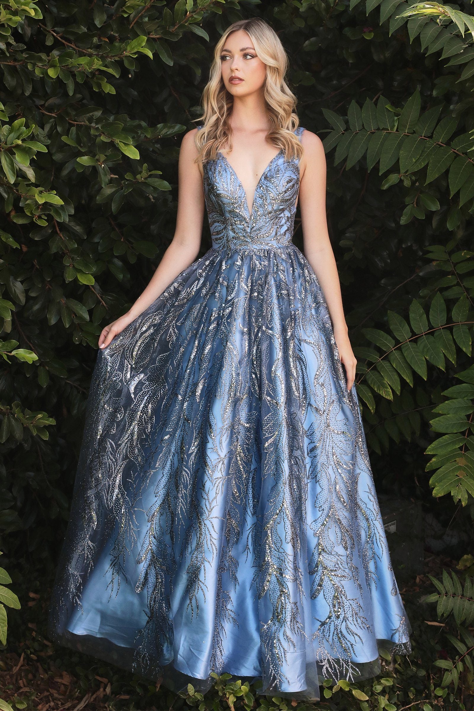 Western Ladies Ladies Dress Long Glitter-Print Prom Ball Gown PromGirl  Smoky Blue