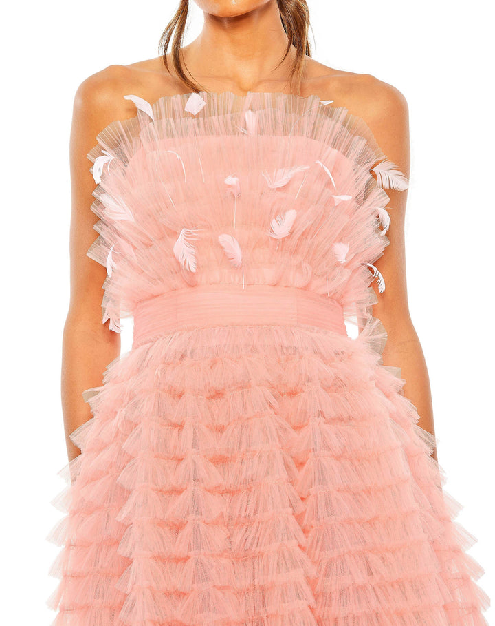 Strapless Ruffle Gown with Feathers - FOSTANI