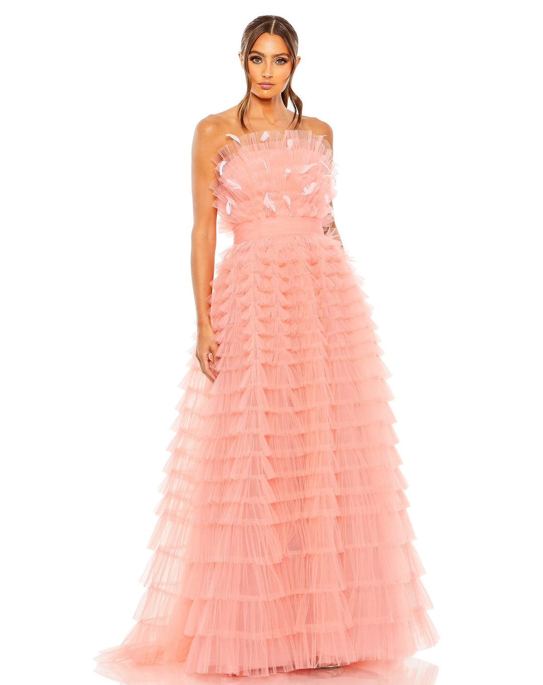 Strapless Ruffle Gown with Feathers - FOSTANI