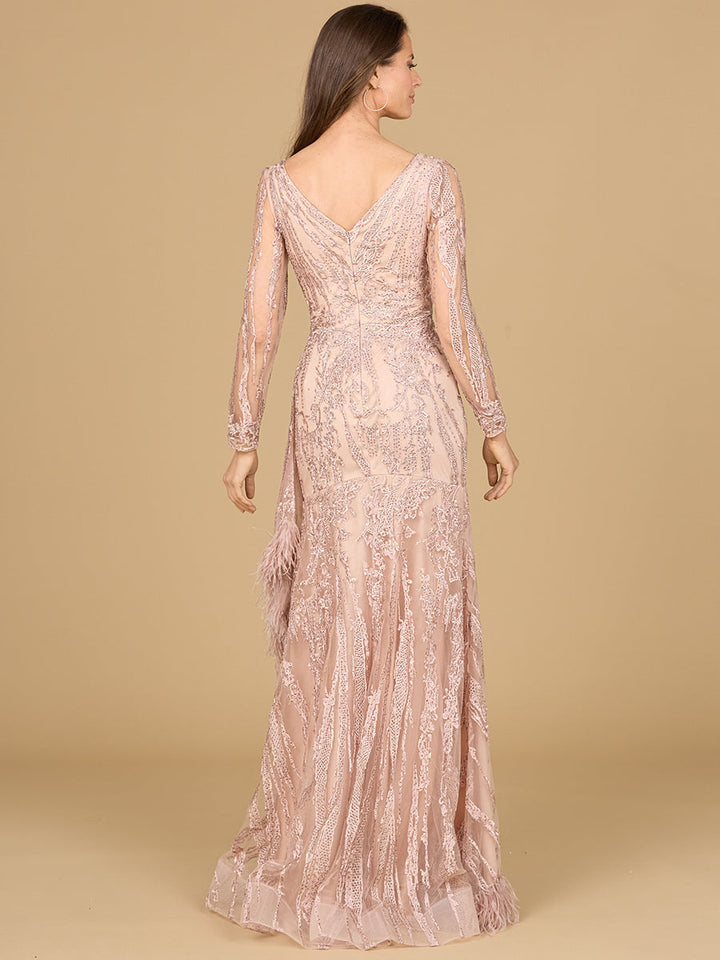 Lara 29133 - Long Sleeve V-Neck Lace Gown with Feathers - FOSTANI