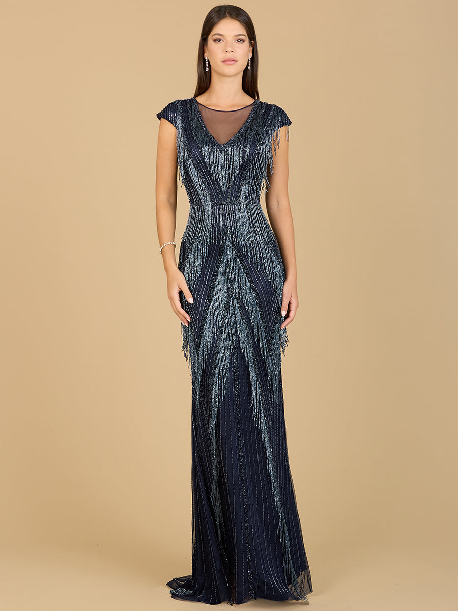 Lara 29167 - Beaded Fringe V-Neckline Dress with Cap Sleeves - FOSTANI