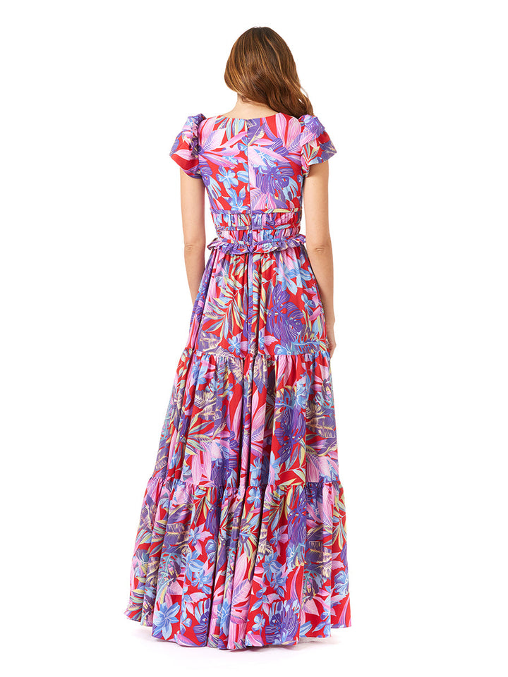 Lara 29276 - V-Neck Long Print Gown with Cap Sleeves - FOSTANI