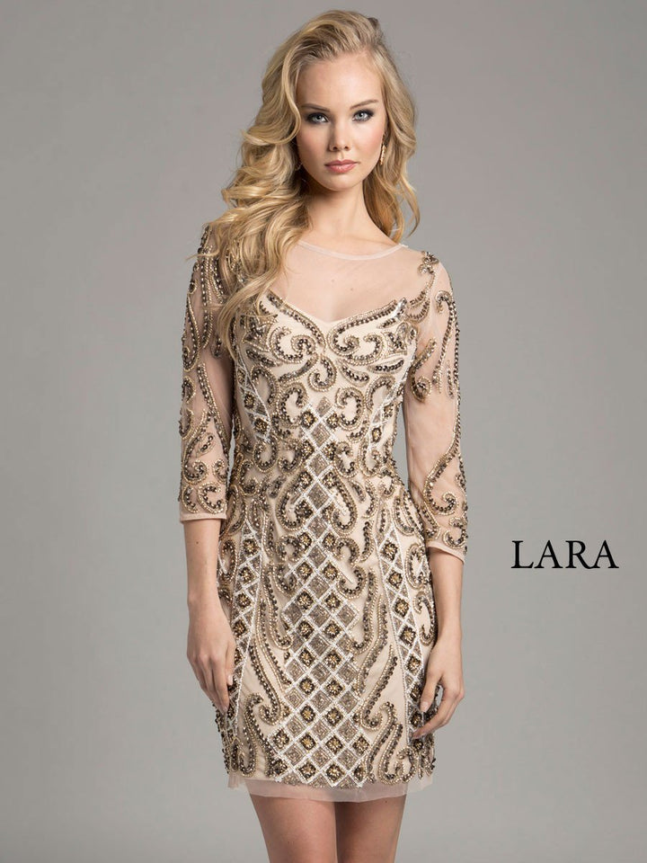 Lara 33271 - Beaded Short Dress with Long Sleeves - FOSTANI