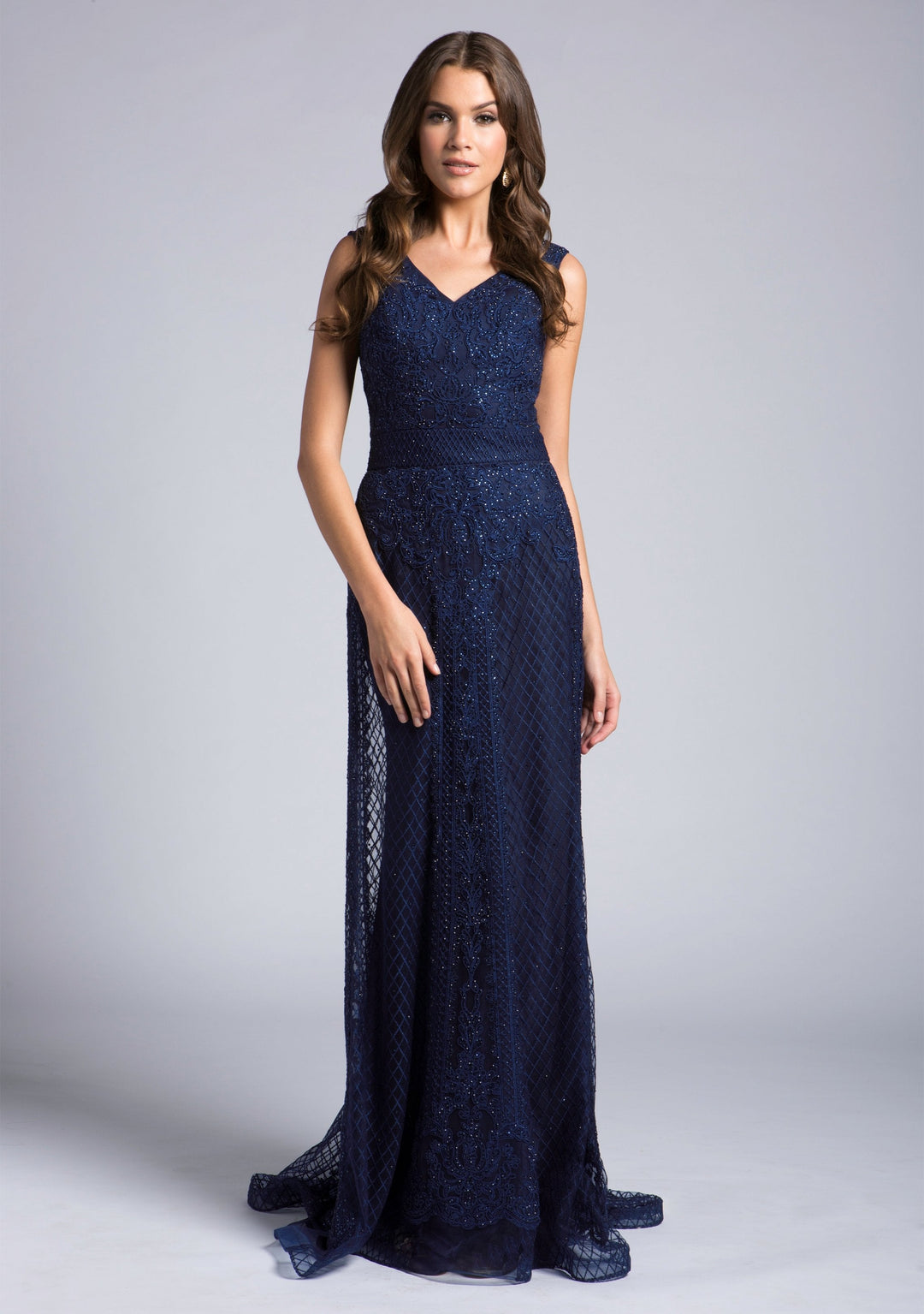 Lara 33628 - V Neck Beaded Lace Sheath Gown - FOSTANI