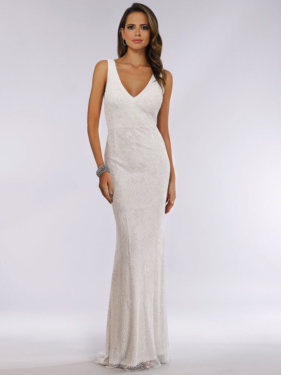 Lara Erika Beaded Draped Cowl Back V-Neck Wedding Dress - FOSTANI