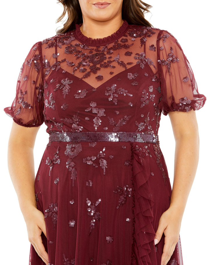 High Neck Puff Short Sleeve Embellished Faux Wrap - FOSTANI