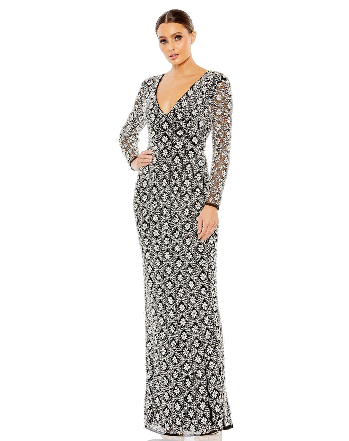 Fully Beaded Long Sleeve Column Gown - FOSTANI