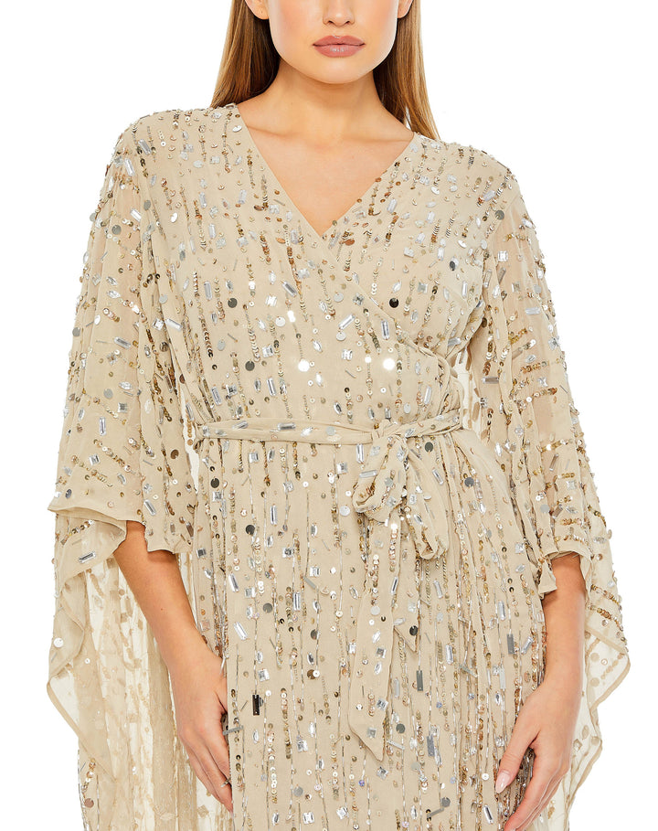 Cape Back Fringe Beaded Robe Dress - FOSTANI