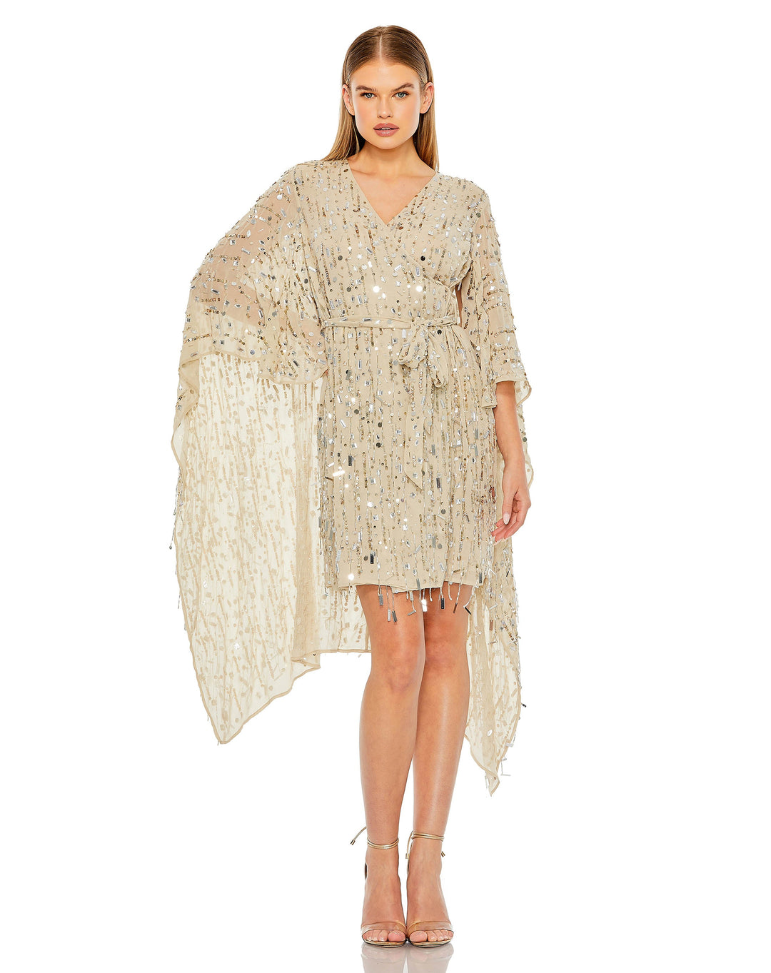 Cape Back Fringe Beaded Robe Dress - FOSTANI