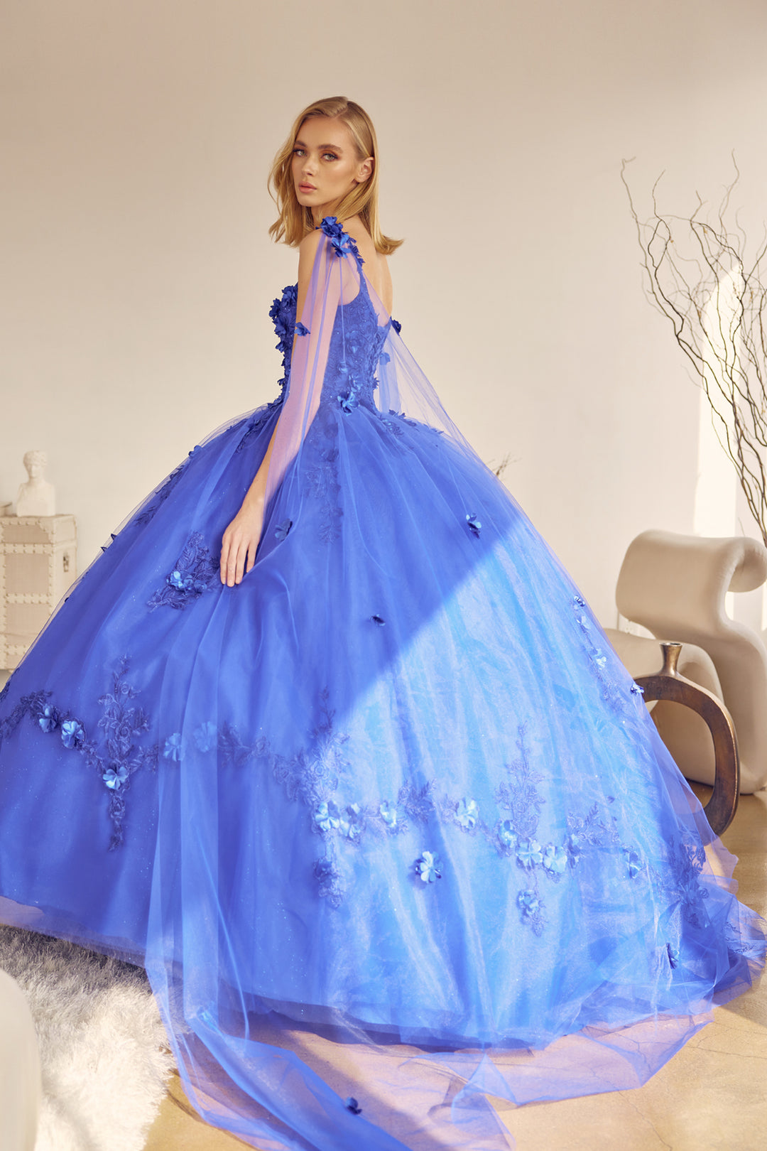 Juliet 1436 attached cape 3D floral applique ball gown quinceanera dress side view