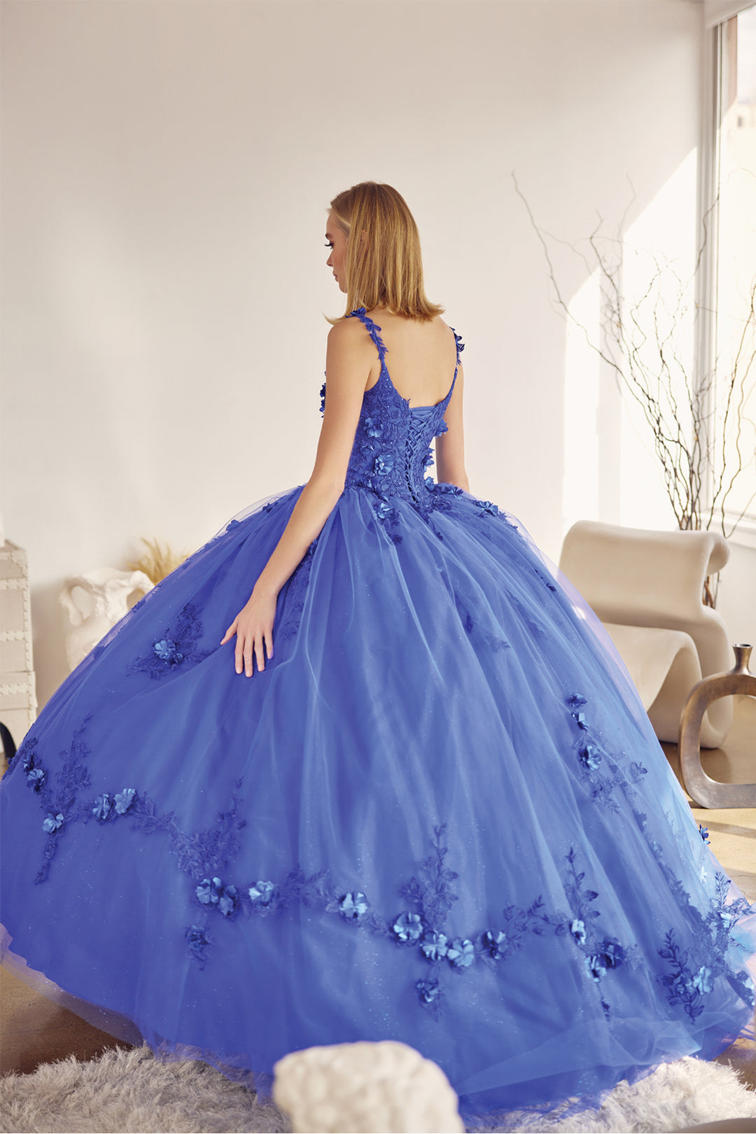 Juliet 1436 attached cape 3D floral applique ball gown quinceanera dress back view, option 2