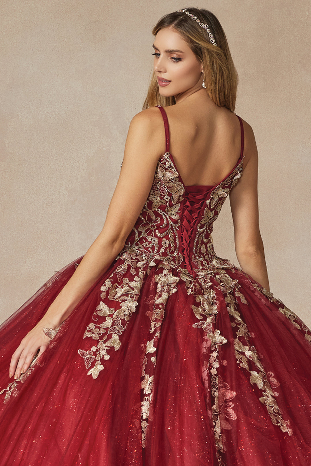 Juliet 1442 butterfly appliqué cape quinceanera dress back view with lace-up back