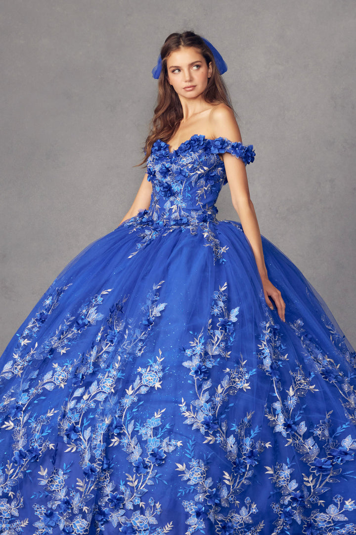 Juliet 1447 off-shoulder floral appliqué quinceanera dress three-quarter view