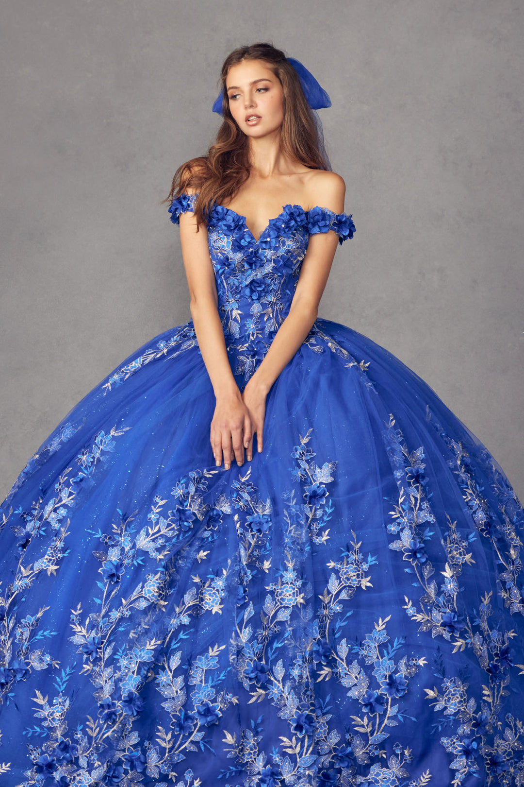 Juliet 1447 off-shoulder floral appliqué quinceanera dress front view, option 5
