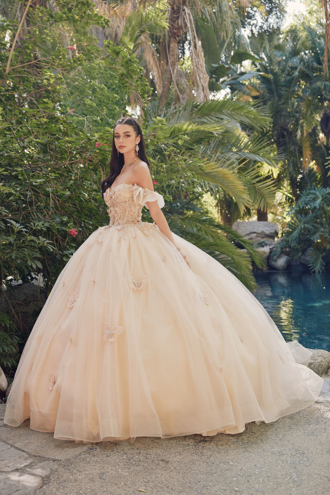 Juliet JT1448J off-shoulder butterfly appliqué ball gown quinceanera dress front view, option 3