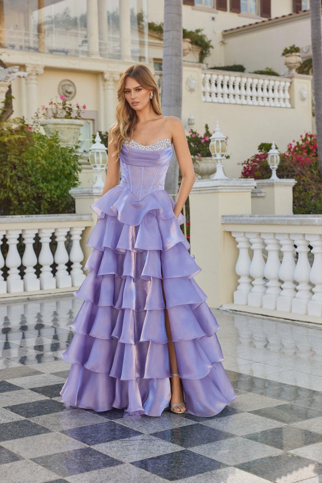 Strapless A-line Ruffled Slit Gown by Juliet JT2664S - FOSTANI.com