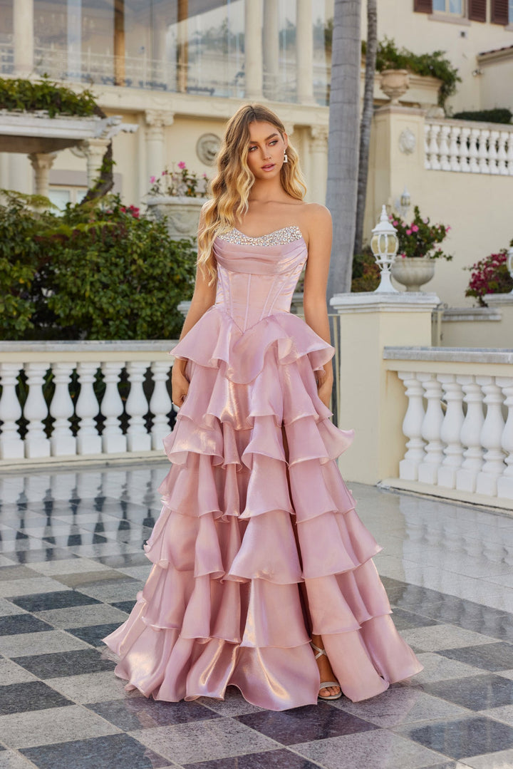 Strapless A-line Ruffled Slit Gown by Juliet JT2664S - FOSTANI.com